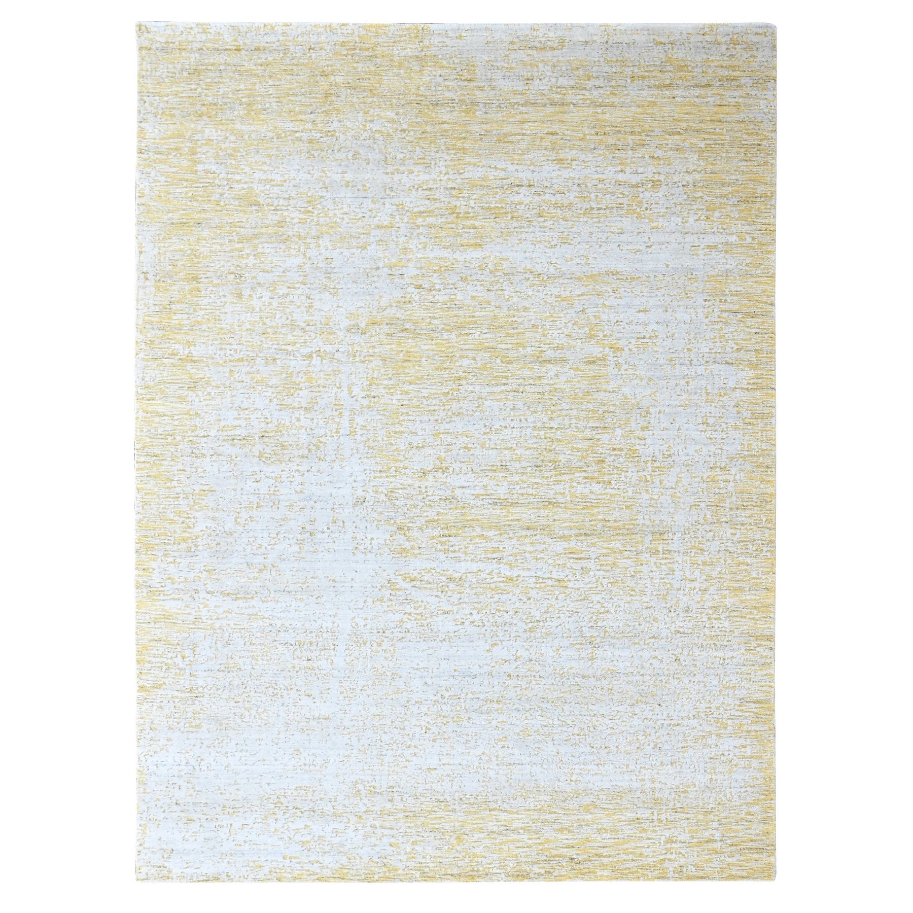 9'1"x12'1" Macaroon Yellow, Wool and Plant Based Silk, Textured Pile, Hand Loomed, Modern Design, Oriental Rug 
